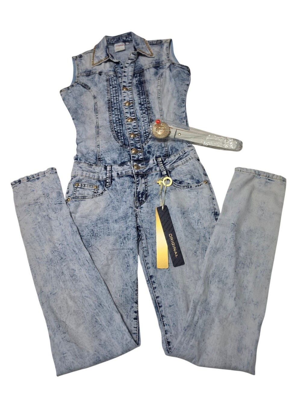 Original Denim Jeweled Y2K Acid Wash Skinny Bodycon Utility Jumpsuit Sz S